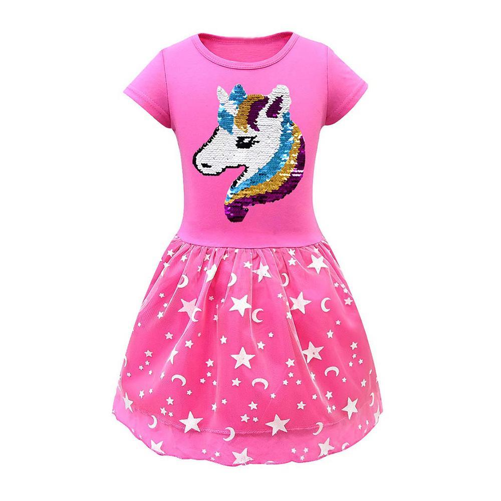 Vicanber Girls Unicorn Princess Dress Casual Birthday Party Midi Dresses(Rose Red,5-6 Years)