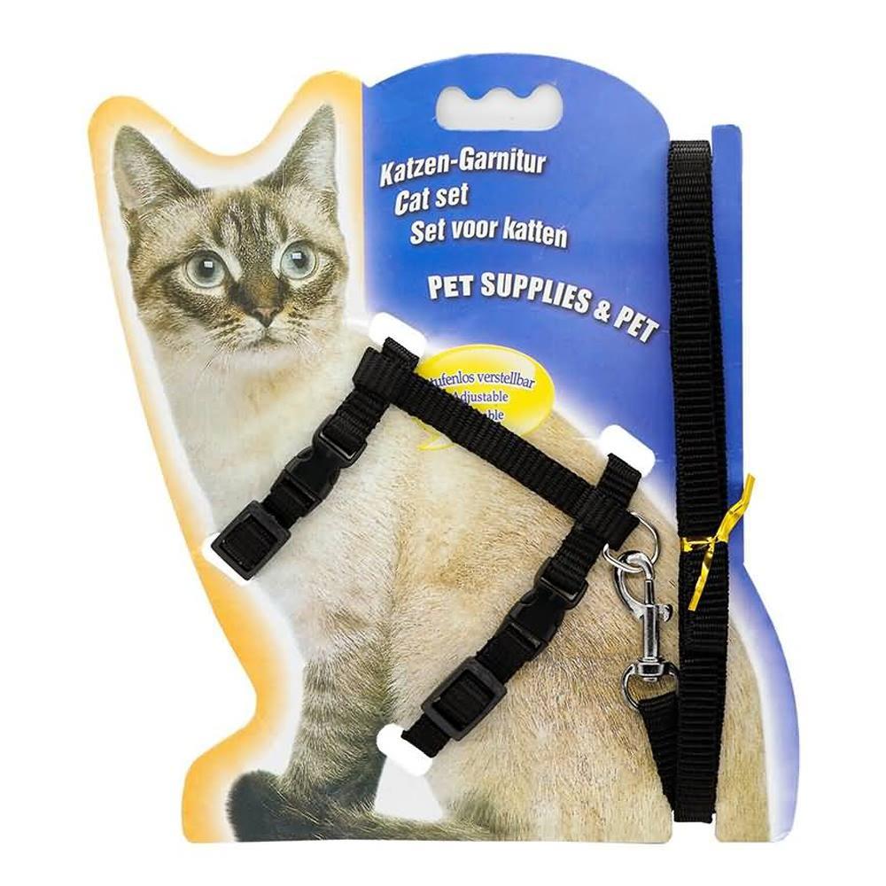 Pet Kitten Cat Walking Harness Lead Nylon Leash Safety Clip Adjustable Collar - Black