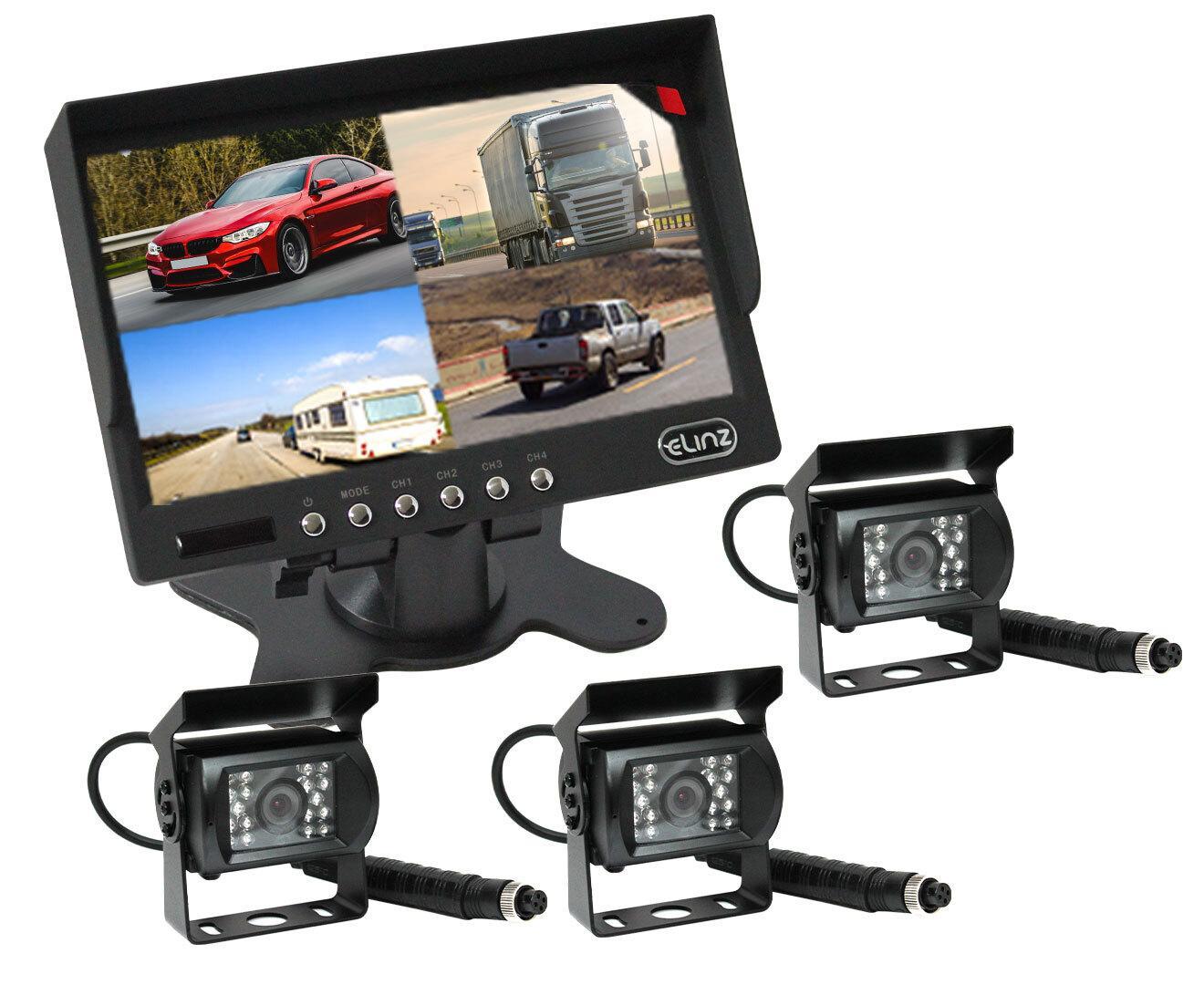 Elinz 7" Quad Monitor Splitscreen with 3 Cameras Package