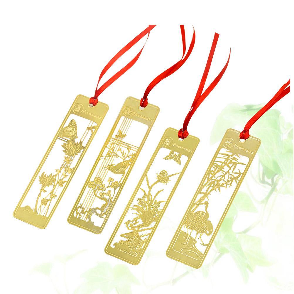 4 Pcs Chinese Vintage Metal Bookmark Clips for Book Paper Kawaii Planner Bookmarks Page Marker Stationery Office School Supplies (Golden)