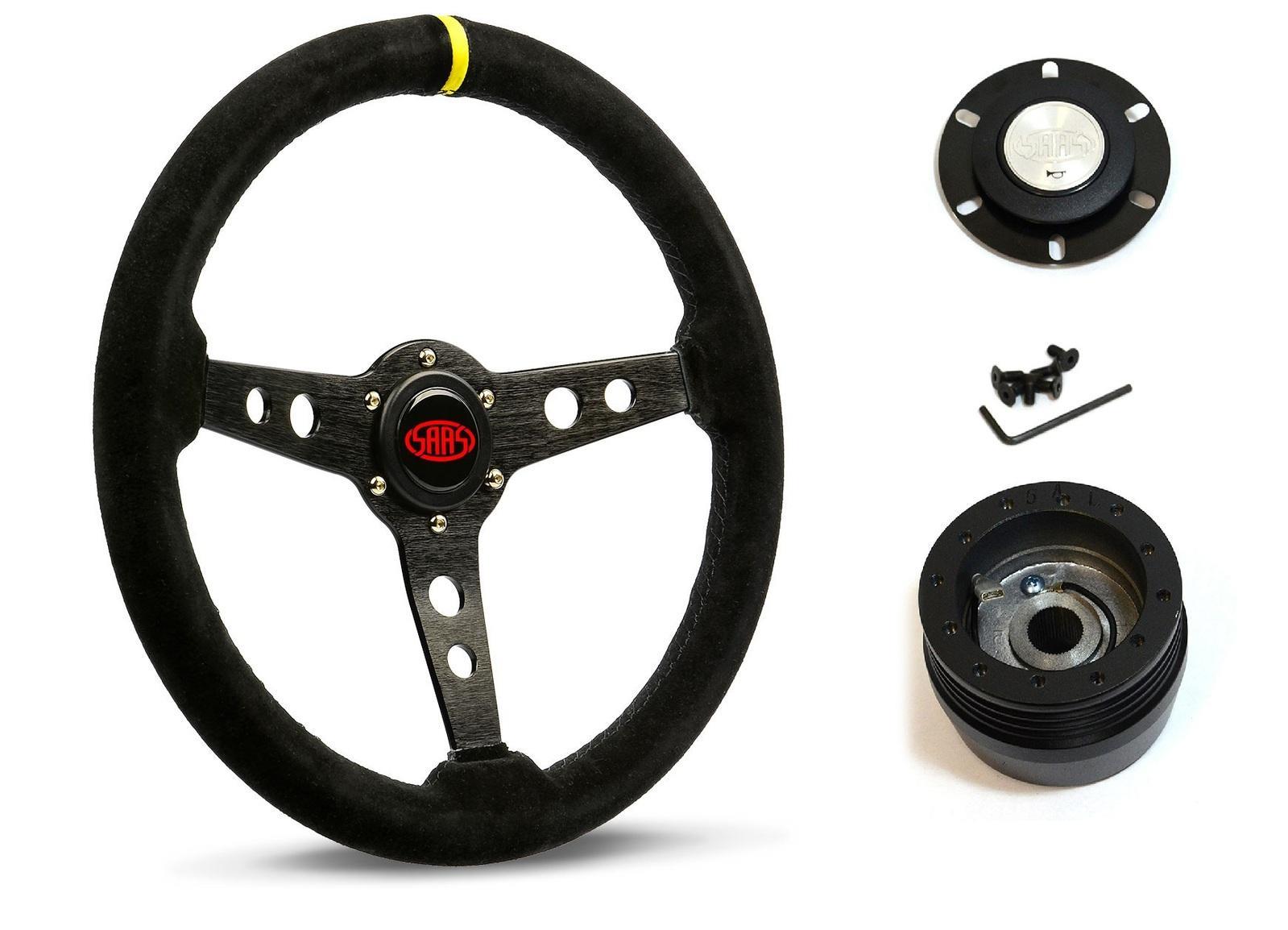 SAAS Steering Wheel Suede 14" ADR Retro Black Spoke + Indicator SW616OS-S and SAAS boss kit for Mazda 121 1987-1998