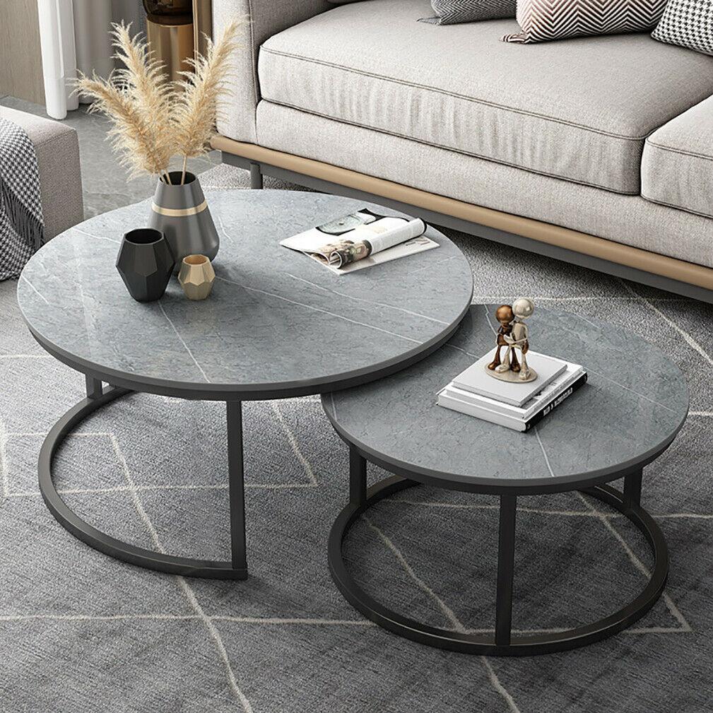 2PCS Real Stone Nesting Coffee Tables Living Room Nest Tables End Side Tables