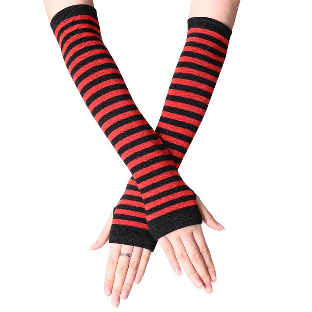 GoodGoods Women Striped Fingerless Thumb Gloves Winter Warm Wrist Arm Warmers Mittens (Black & Red)