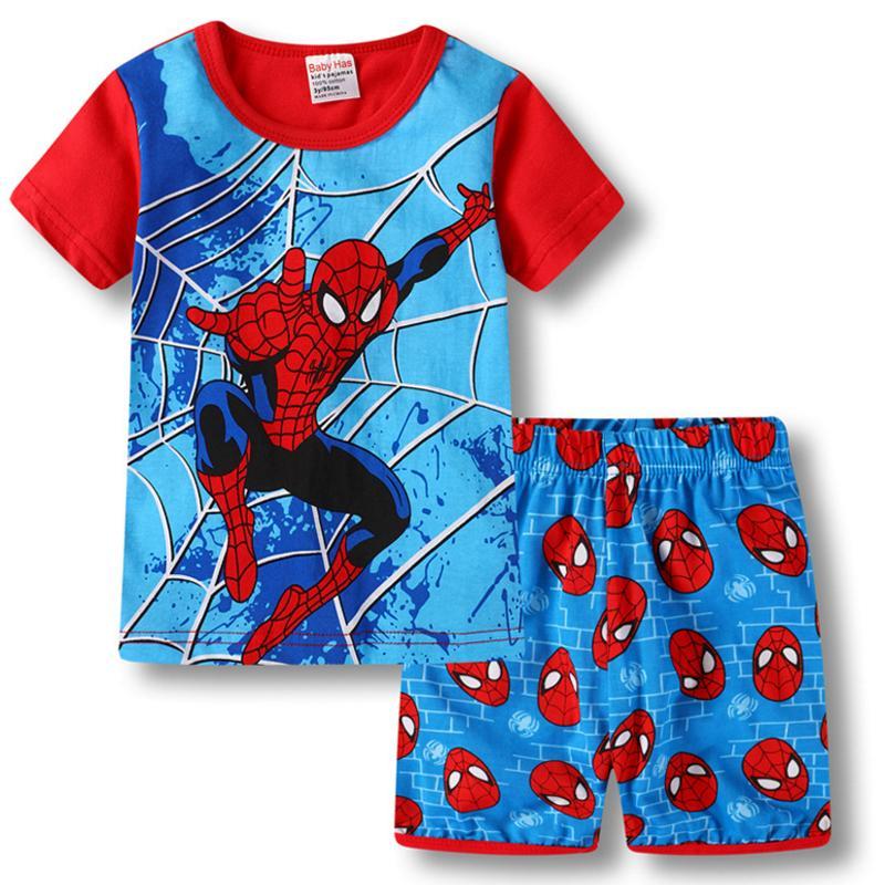 Vicanber Kids Boys Spiderman Superhero Pajamas Short Sleeve T-shirt Shorts Set Casual Child Nightwear Pajamas Outfit(Red&Sky Blue, 5-6 Years)