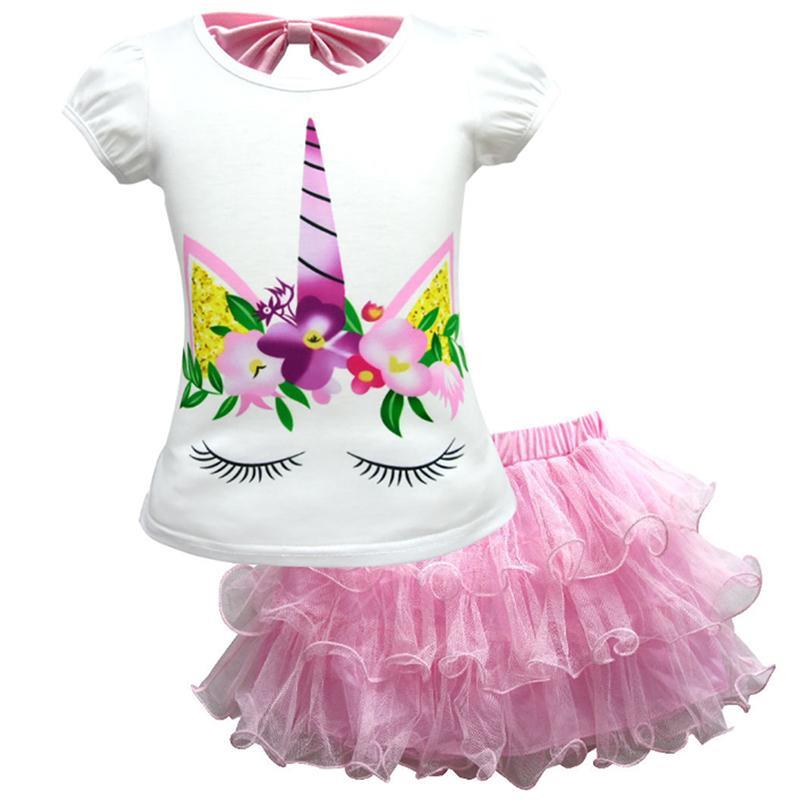 Vicanber Girls Kids Unicorn Printed Princess Tulle Skirt T-shirt Set Short Sleeve Casual Birthday Party Mini Dress Outfit(Pink, 2-3 Years)