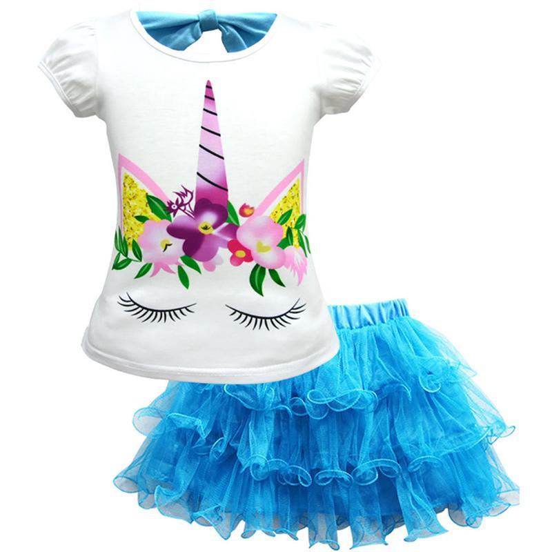 Vicanber Girls Kids Unicorn Printed Princess Tulle Skirt T-shirt Set Short Sleeve Casual Birthday Party Mini Dress Outfit(Blue, 2-3 Years)