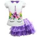 Vicanber Girls Kids Unicorn Printed Princess Tulle Skirt T-shirt Set Short Sleeve Casual Birthday Party Mini Dress Outfit(Purple, 2-3 Years)