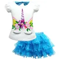 Vicanber Girls Kids Unicorn Printed Princess Tulle Skirt T-shirt Set Short Sleeve Casual Birthday Party Mini Dress Outfit(Blue, 3-4 Years)