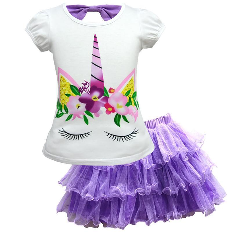 Vicanber Girls Kids Unicorn Printed Princess Tulle Skirt T-shirt Set Short Sleeve Casual Birthday Party Mini Dress Outfit(Purple, 4-5 Years)
