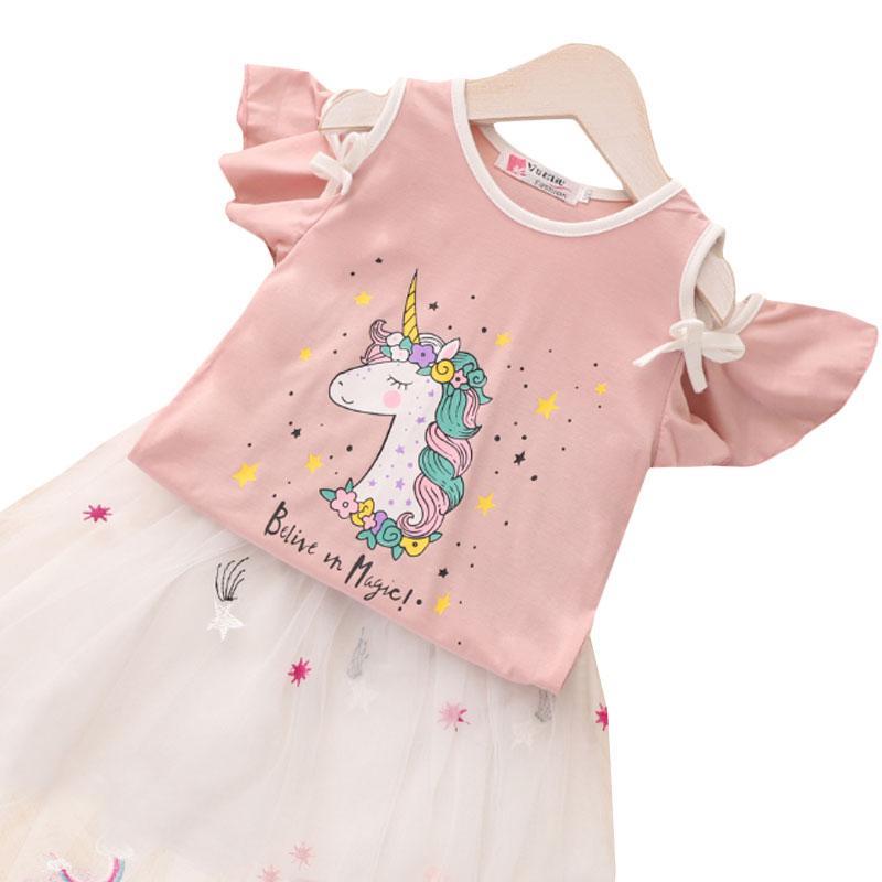 Vicanber Girls Kids Unicorn Printed Princess Tulle Skirt Set Cold Shoulder T-shirt Short Sleeve Dress Outfit Casual Birthday Party(Pink, 3-4 Years)