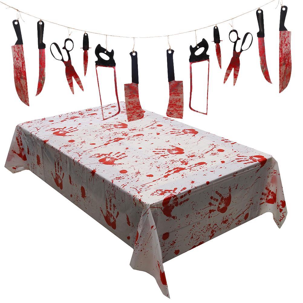 Halloween Bloodstained Tablecloths Interior Decoration Props Party Supplies for Haunted House Chamber (130x260cm Bloody Tablecloth + 1 Set 12pcs Bloody Plastic Knives)