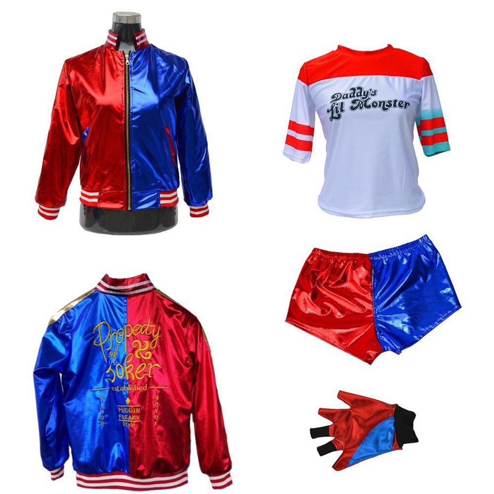 Vicanber 4PCS/Set Kids Suicide Squad Harlley Quinn Cosplay Costume Jacket T Shirt Shorts Gloves Halloween Party Fancy Dress Outfit(7-8 Years)