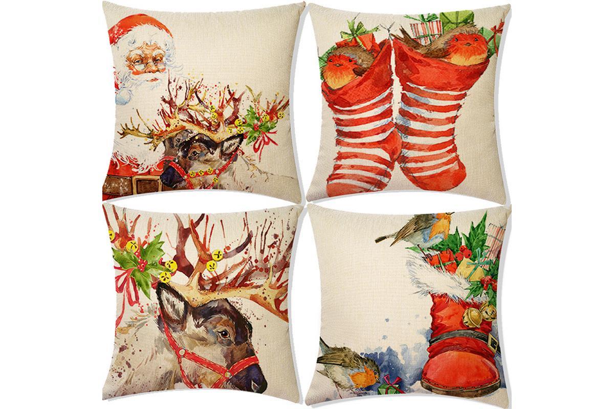4Pcs Linen Vintage Print Christmas Pillowcase Living Room Sofa Home Bedroom Decoration Cushion Cover
