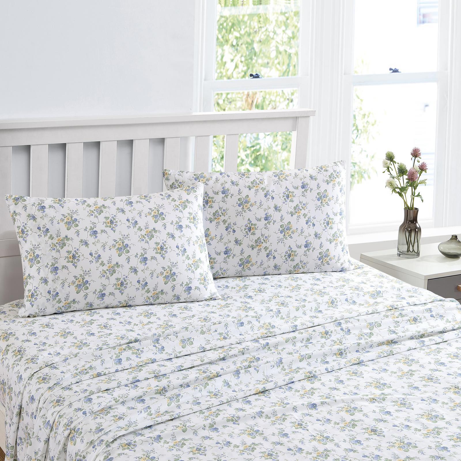 Laura Ashley Queen Bed Le Fleur Flat/Fitted Sheet w/ 2x Pillowcases Cottage Blue