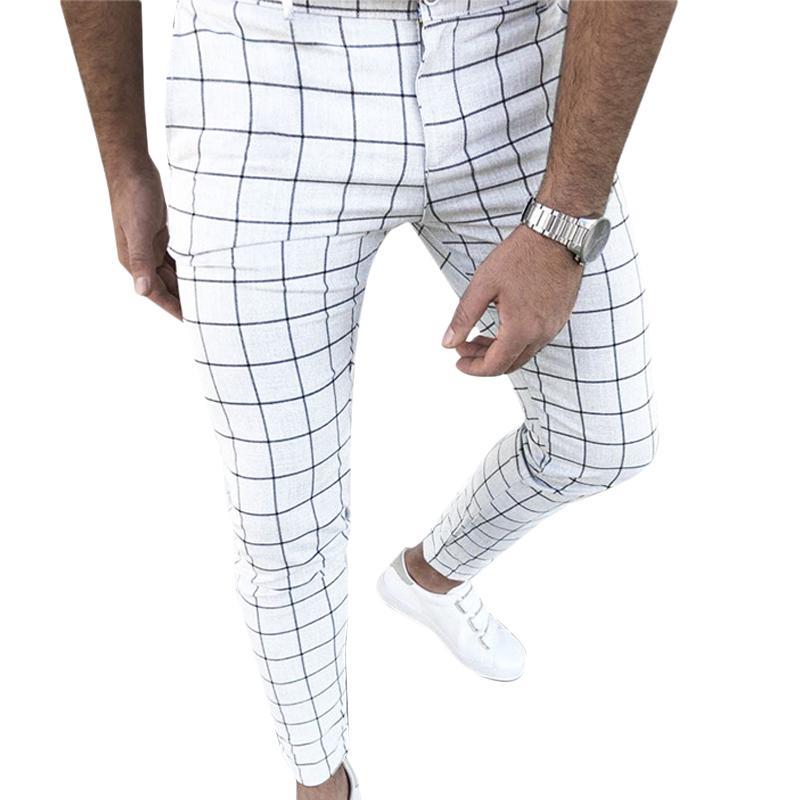 GoodGoods Men Plaid Checked Trousers Skinny Casual Office Slim Fit Bottoms Pants(White,XL)