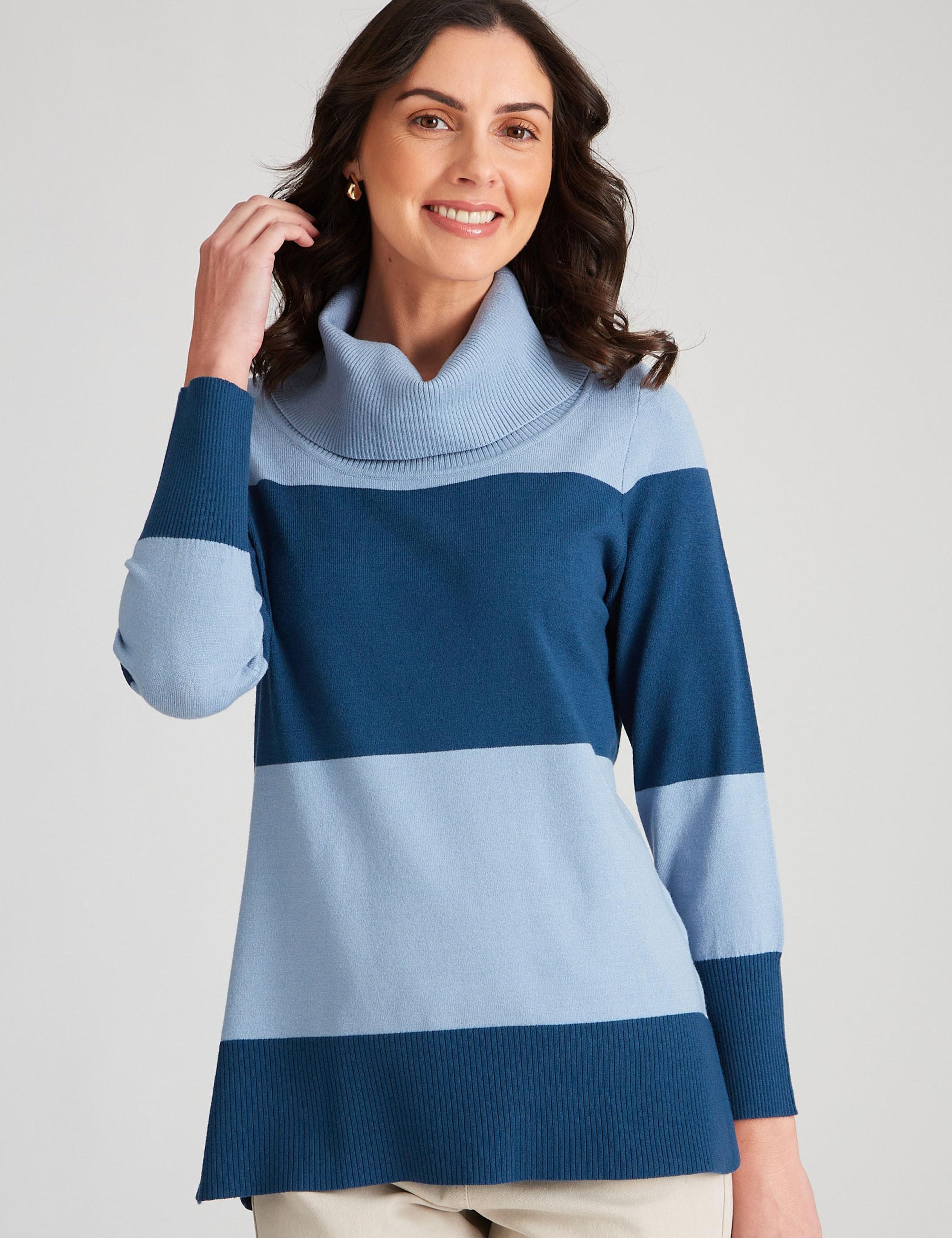 W LANE - Womens Jumper - Long Summer Sweater - Blue Pullover - Casual Clothing - Long Sleeve - Navy & Blue Striped - Oversized - Cowl Neck - Work Wear