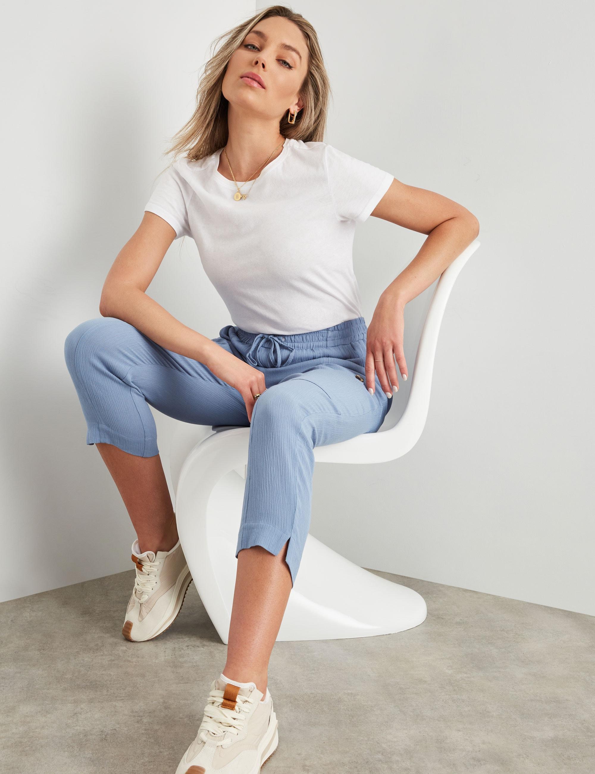 ROCKMANS - Womens Pants - Blue Summer Cropped - Cargo - Casual Fashion Trousers - High Waist - Ankle Length - Elastic Waist - Office Work Clothes