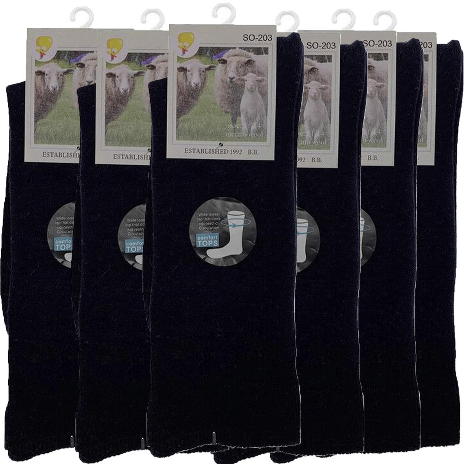Merino Wool Mens Loose Top Thermal Socks Diabetic Comfort Circulation - 6 Pairs - Navy - 7-11