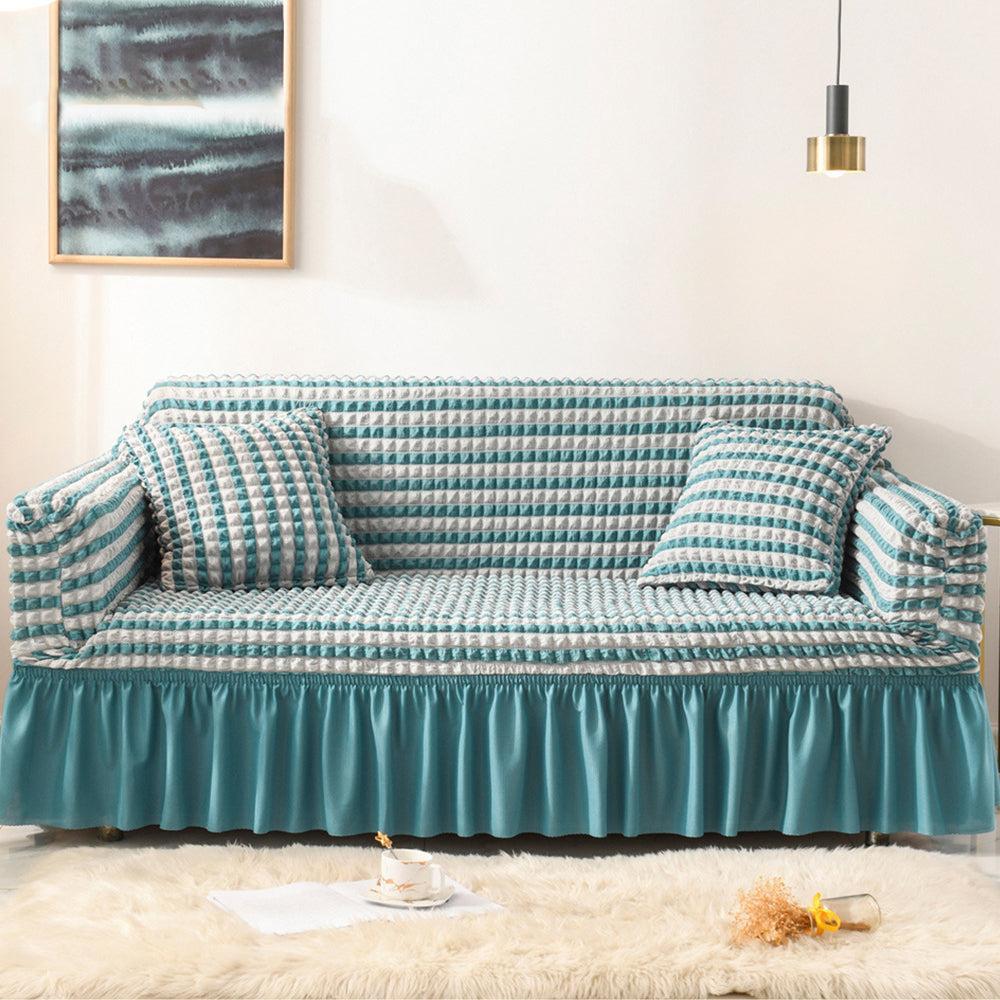 Seersucker Sofa Cover with Skirt Stretch Anti-dirty Slipcovers Blue