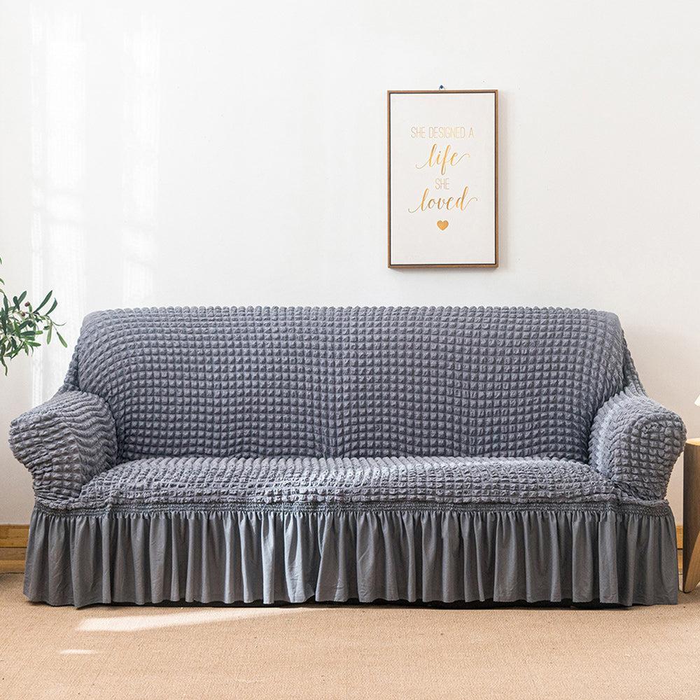 Seersucker Sofa Cover with Skirt Stretch Anti-dirty Slipcovers Grey