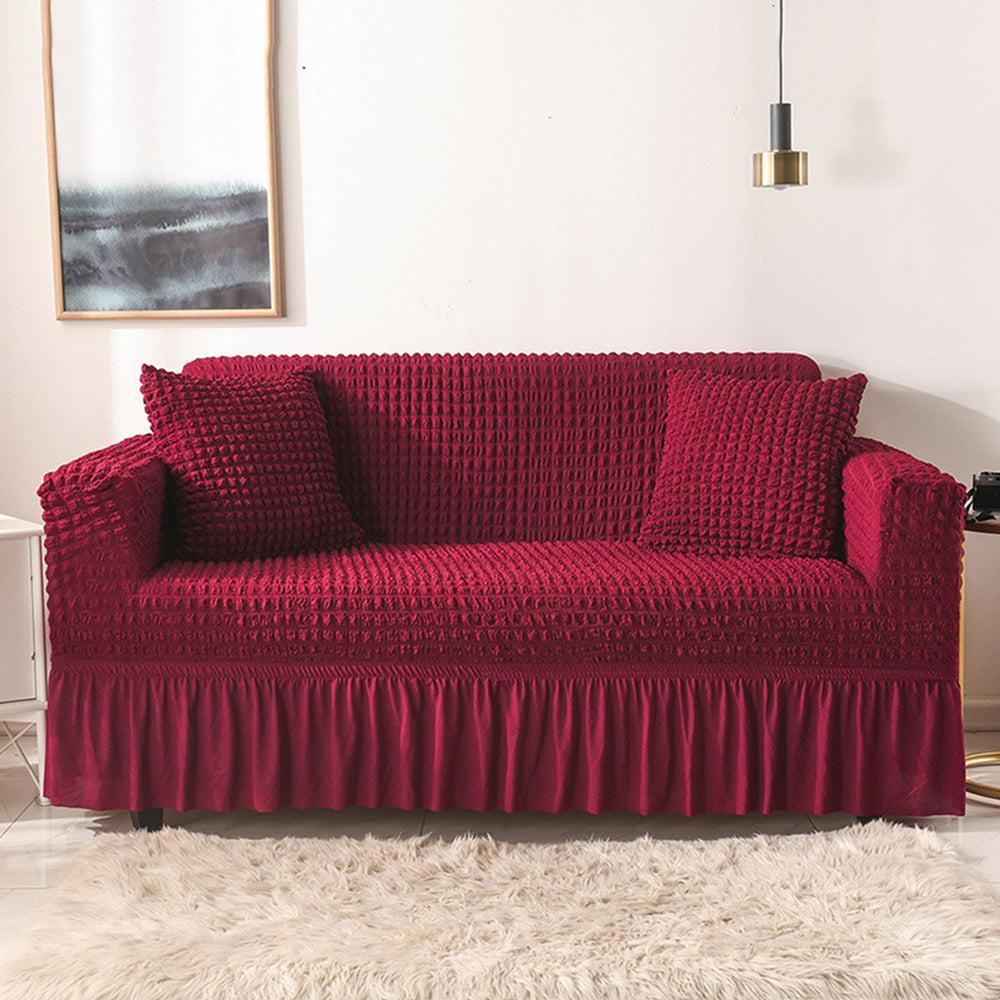 Seersucker Sofa Cover with Skirt Stretch Anti-dirty Slipcovers Wine Red