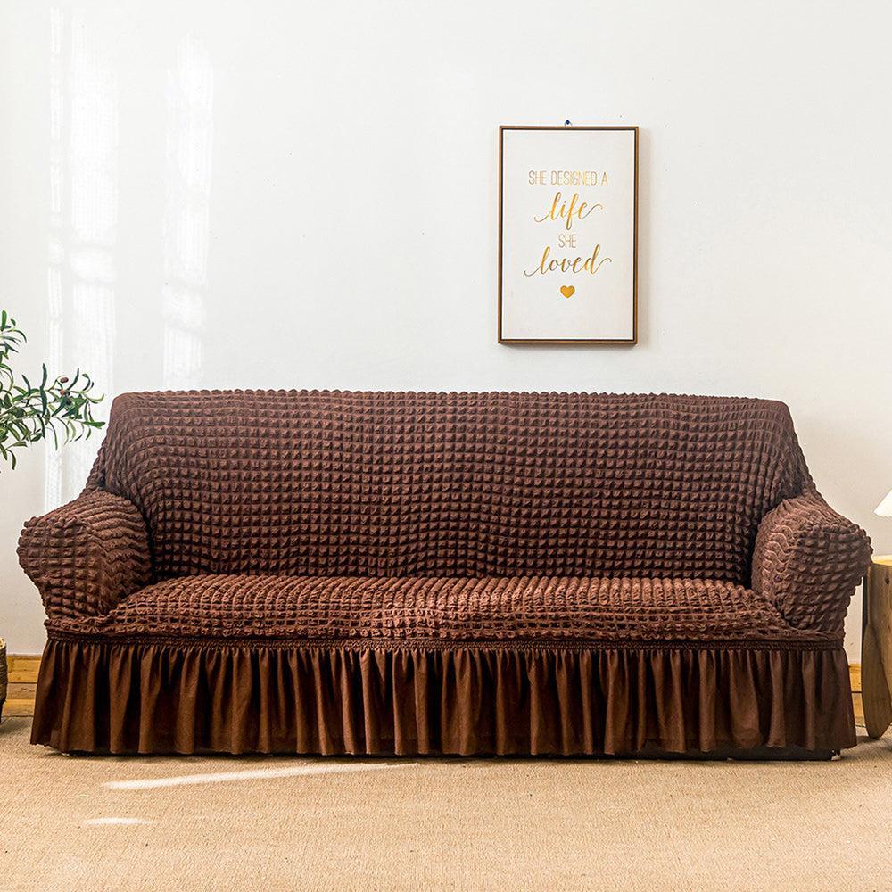 Seersucker Sofa Cover with Skirt Stretch Anti-dirty Slipcovers Coffee