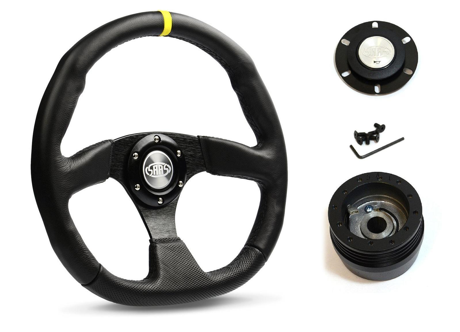 SAAS Steering Wheel Leather 14" ADR Black Flat Bottom + Indicator D1-SWB-F2 and SAAS boss kit for Ford Corsair All Models 1988-1996