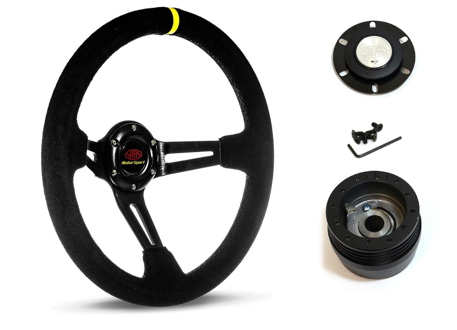 SAAS Steering Wheel Suede 14" ADR Deep Dish Black Slotted + Indicator SWE1 and SAAS boss kit for Ford Falcon XW 1969 -1970
