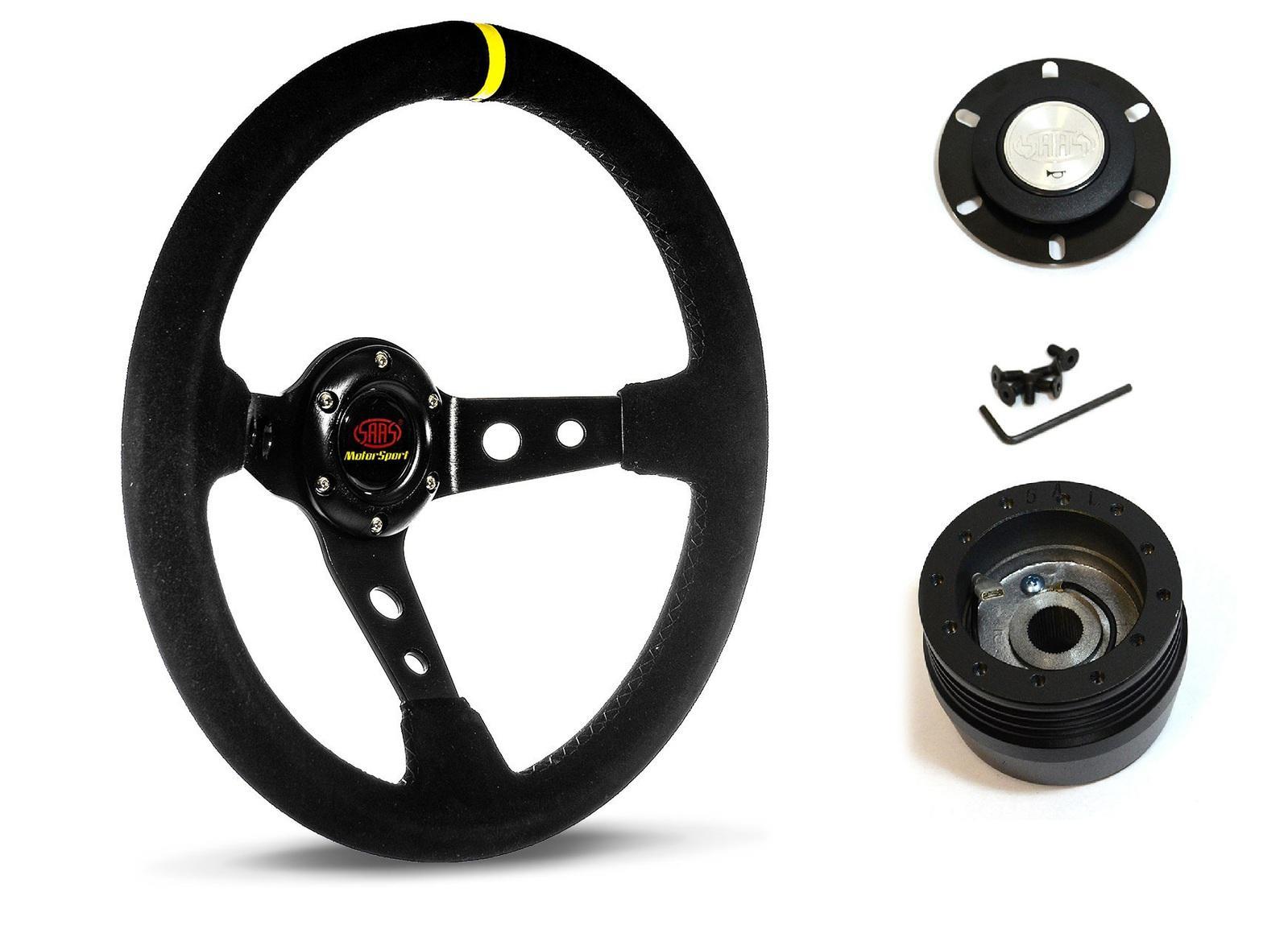 SAAS Steering Wheel Suede 14" ADR GT Deep Dish Black With Holes + Indicator SWGT1 and SAAS boss kit for Ford Corsair All Models 1988-1996