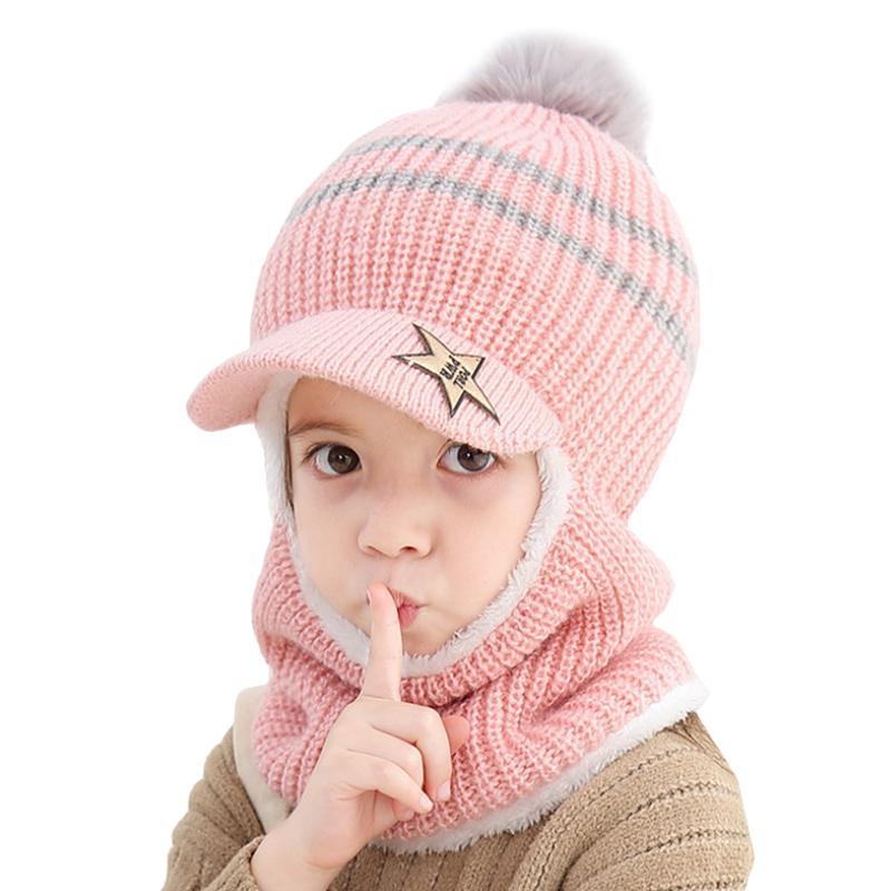 Vicanber Toddler Kids Winter Knit Earflap Fleece Beanie Hat Hooded Scarf Neck Warm Caps (Pink)