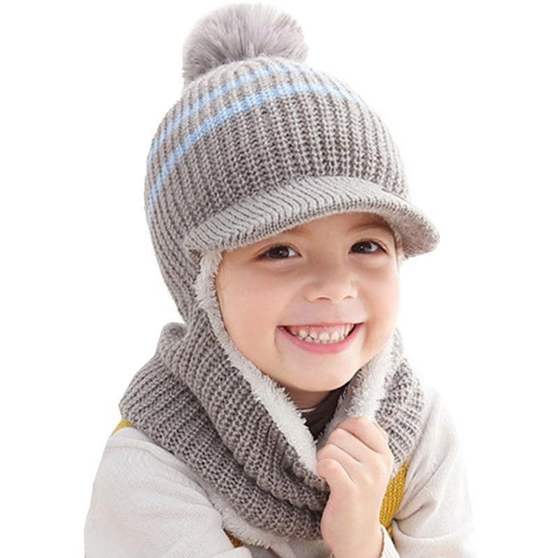 Vicanber Toddler Kids Winter Knit Earflap Fleece Beanie Hat Hooded Scarf Neck Warm Caps (Grey)