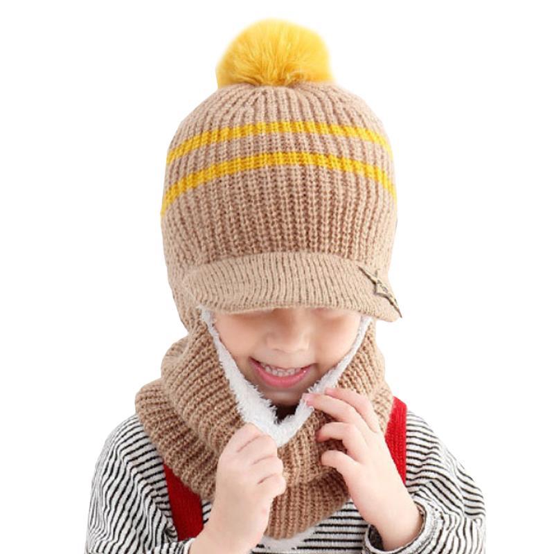 Vicanber Toddler Kids Winter Knit Earflap Fleece Beanie Hat Hooded Scarf Neck Warm Caps (Brown)