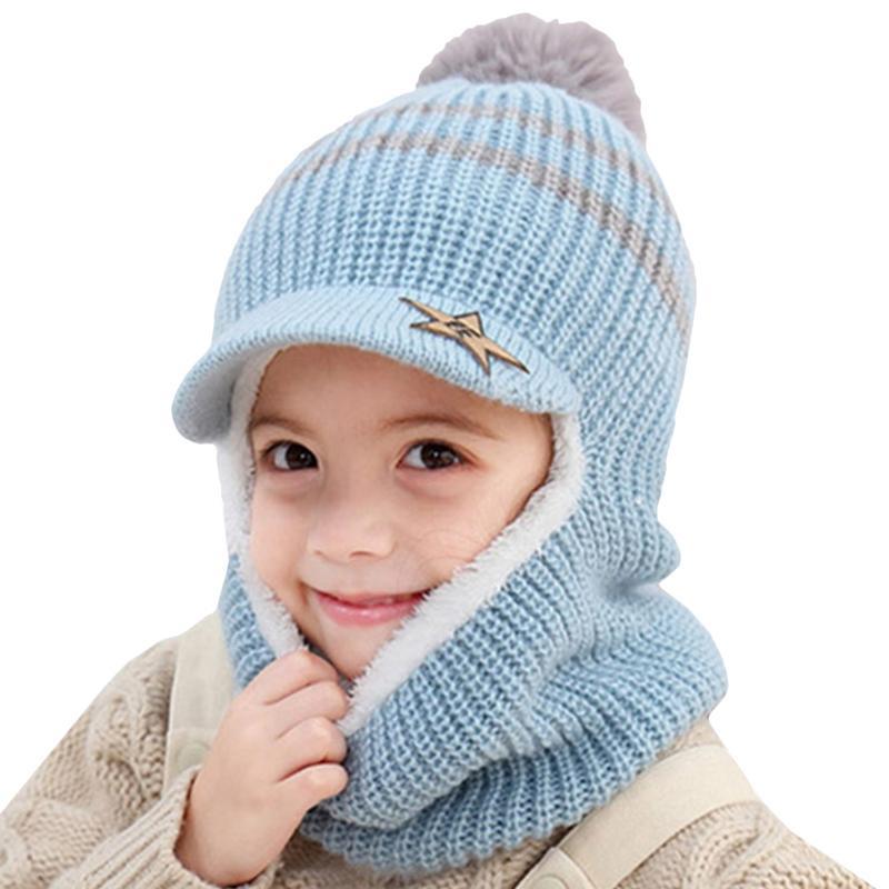 Vicanber Toddler Kids Winter Knit Earflap Fleece Beanie Hat Hooded Scarf Neck Warm Caps (Blue)
