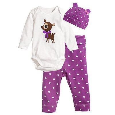 Vicanber Infant Baby Outfit Set Long Sleeve Romper Tops + Pants + Hat(Purple Deer,0-6 Months)