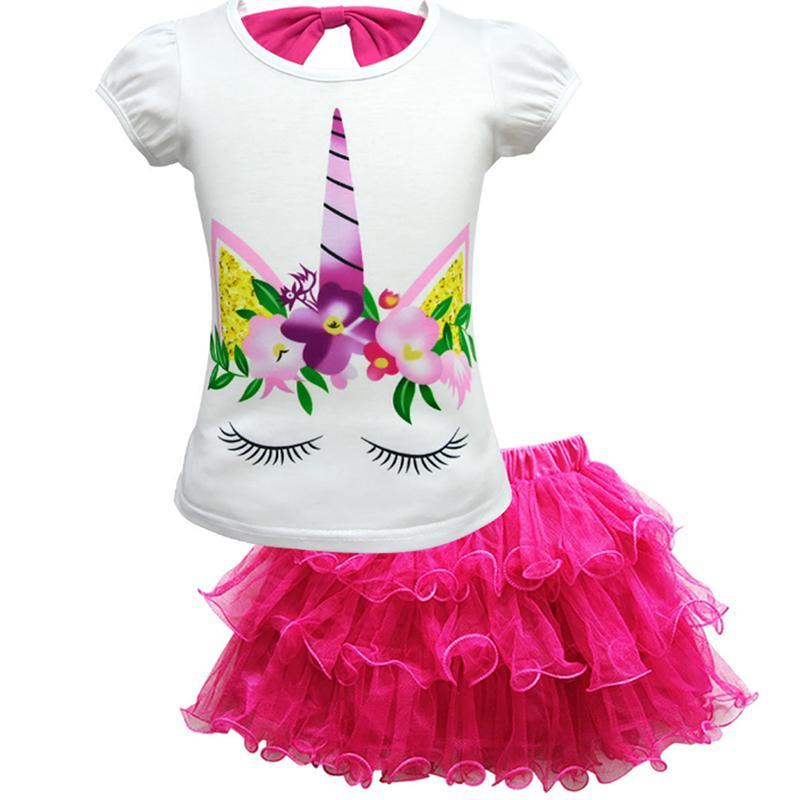 Vicanber Girls Kids Unicorn Printed Princess Tulle Skirt T-shirt Set Short Sleeve Casual Birthday Party Mini Dress Outfit(Rose Red, 8-9 Years)