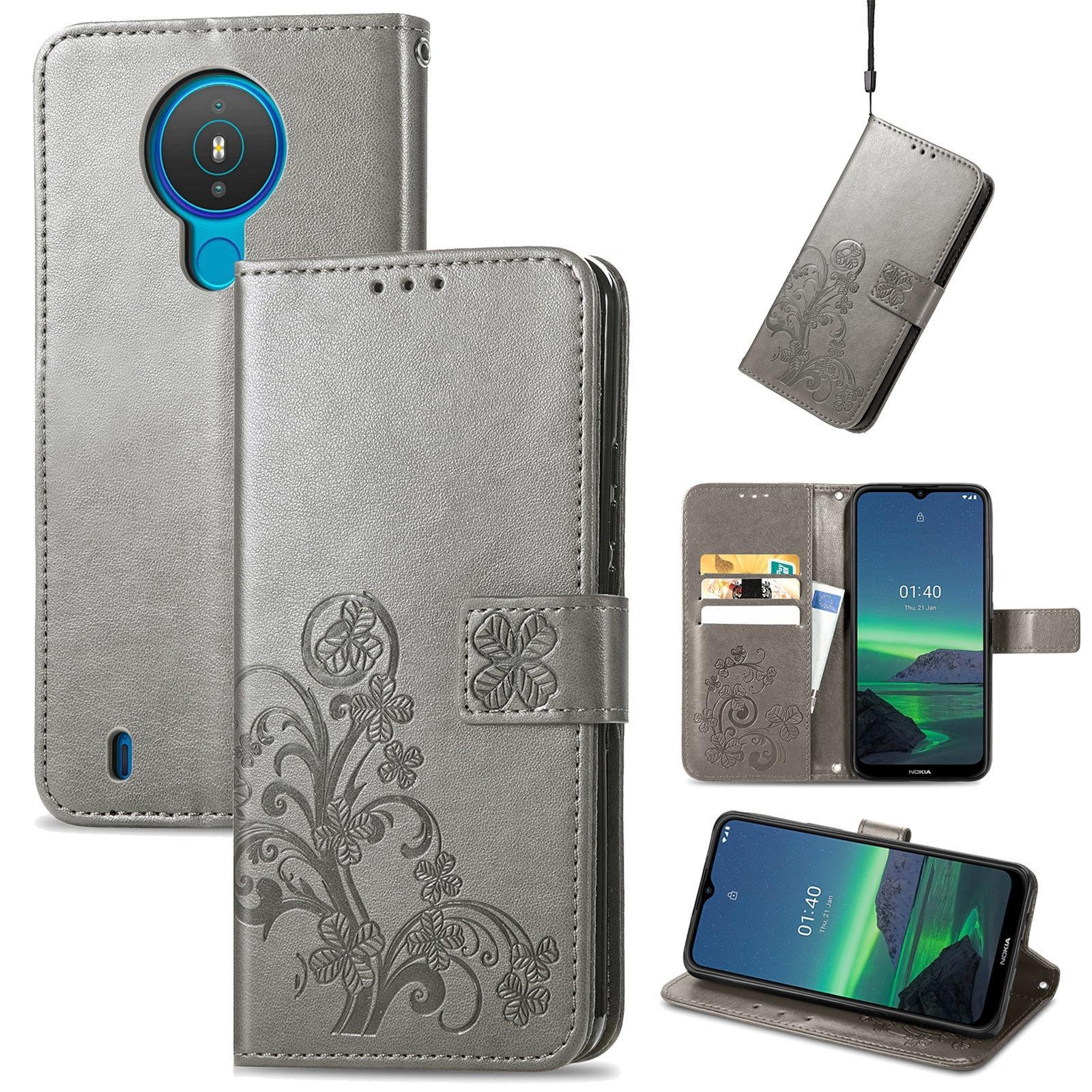 For Nokia 1.4 Four-leaf Clasp Embossed Buckle Mobile Phone Protection Leather Case with Lanyard & Card Slot & Wallet & Bracket Function(Gray)