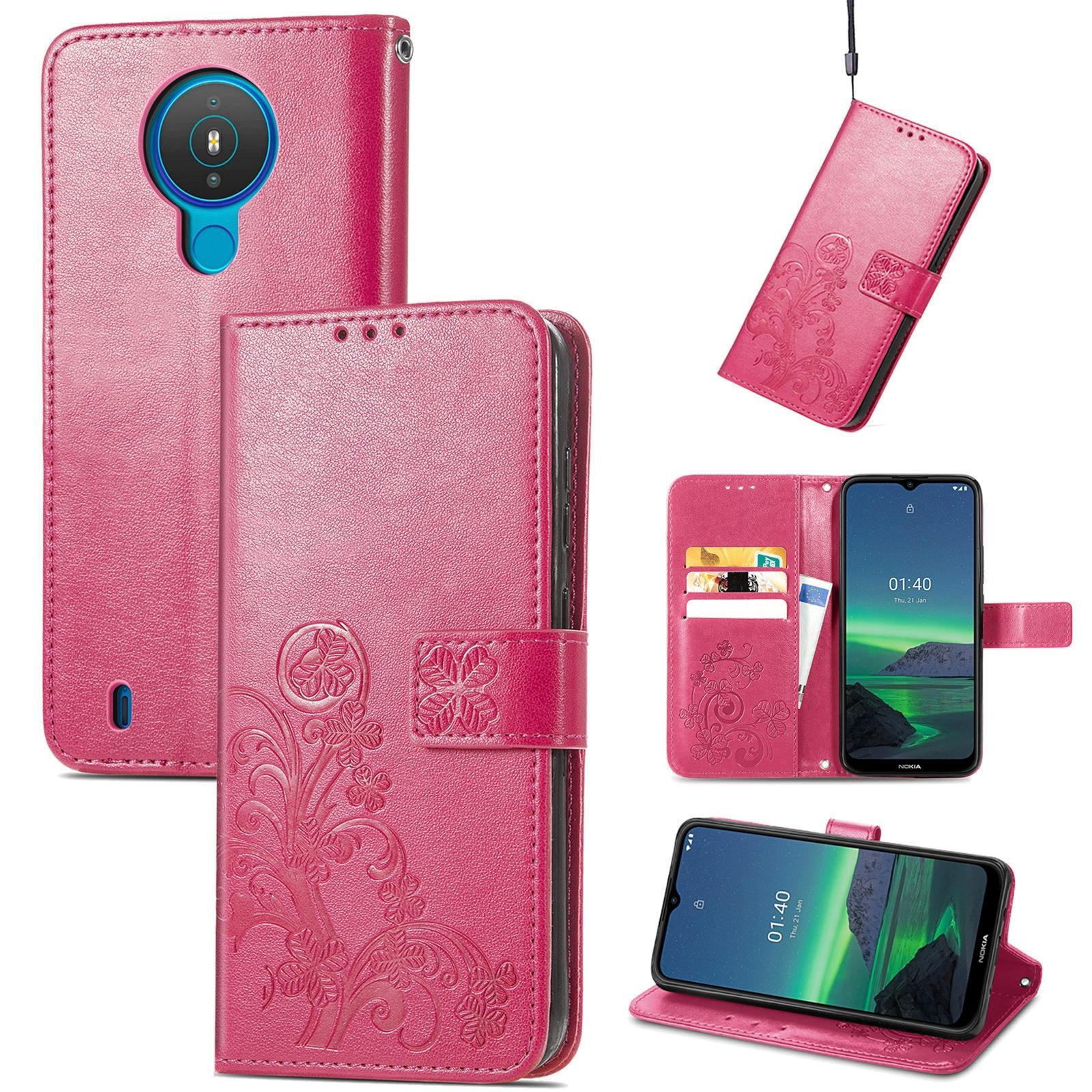 For Nokia 1.4 Four-leaf Clasp Embossed Buckle Mobile Phone Protection Leather Case with Lanyard & Card Slot & Wallet & Bracket Function(Magenta)