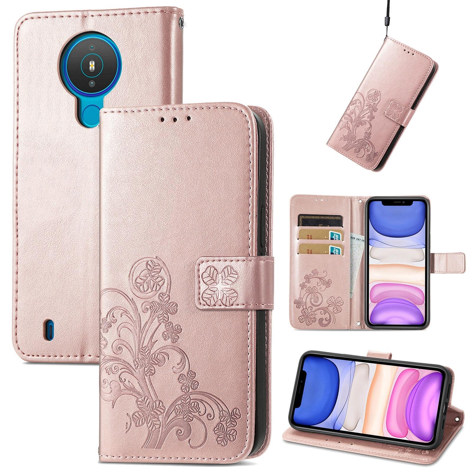 For Nokia 1.4 Four-leaf Clasp Embossed Buckle Mobile Phone Protection Leather Case with Lanyard & Card Slot & Wallet & Bracket Function(Rose Gold)
