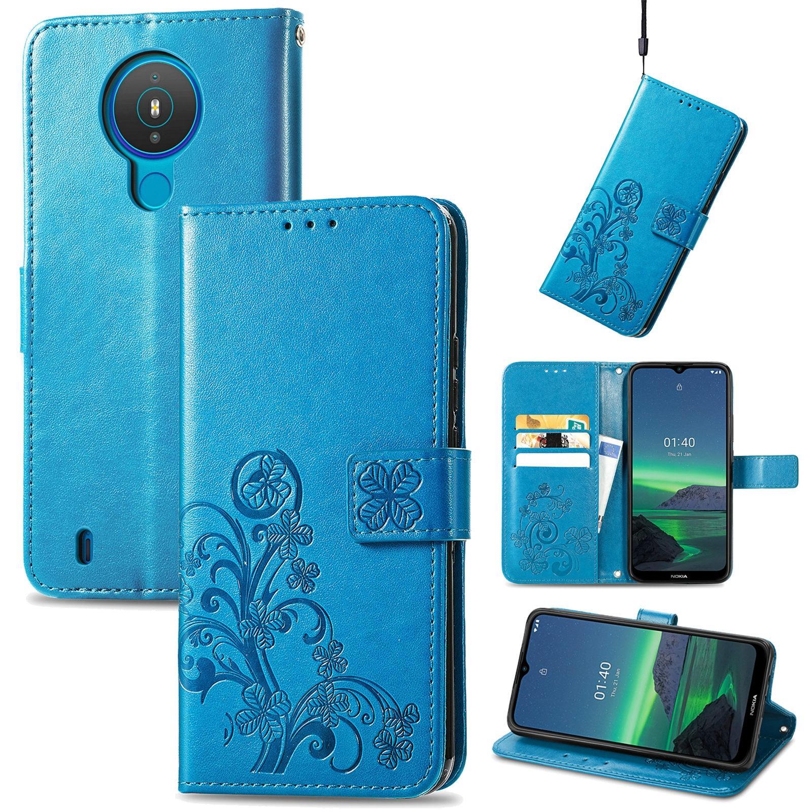 For Nokia 1.4 Four-leaf Clasp Embossed Buckle Mobile Phone Protection Leather Case with Lanyard & Card Slot & Wallet & Bracket Function(Blue)