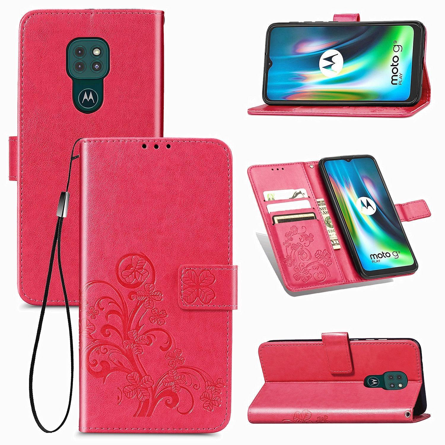 For Motorola Moto G9 Play Four-leaf Clasp Embossed Buckle Mobile Phone Protection Leather Case with Lanyard & Card Slot & Wallet & Bracket Function(Ma