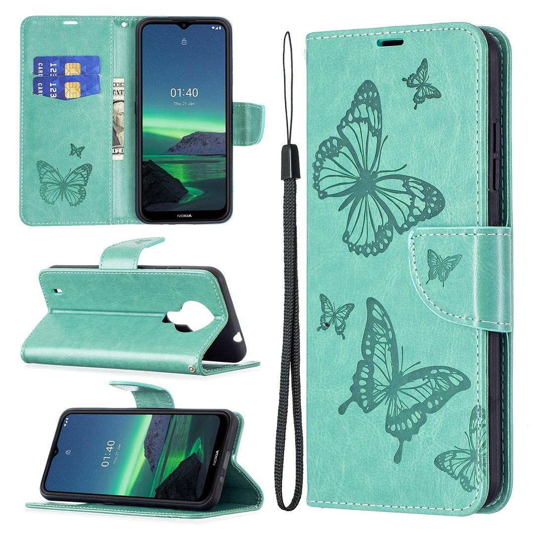 For Nokia 1.4 Embossing Two Butterflies Pattern Horizontal Flip PU Leather Case with Holder & Card Slot & Wallet & Lanyard(Green)
