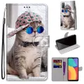 For Alcatel 3L 2021 Coloured Drawing Cross Texture Horizontal Flip PU Leather Case with Holder & Card Slots & Wallet & Lanyard(Slant Hat Blue Mirror C