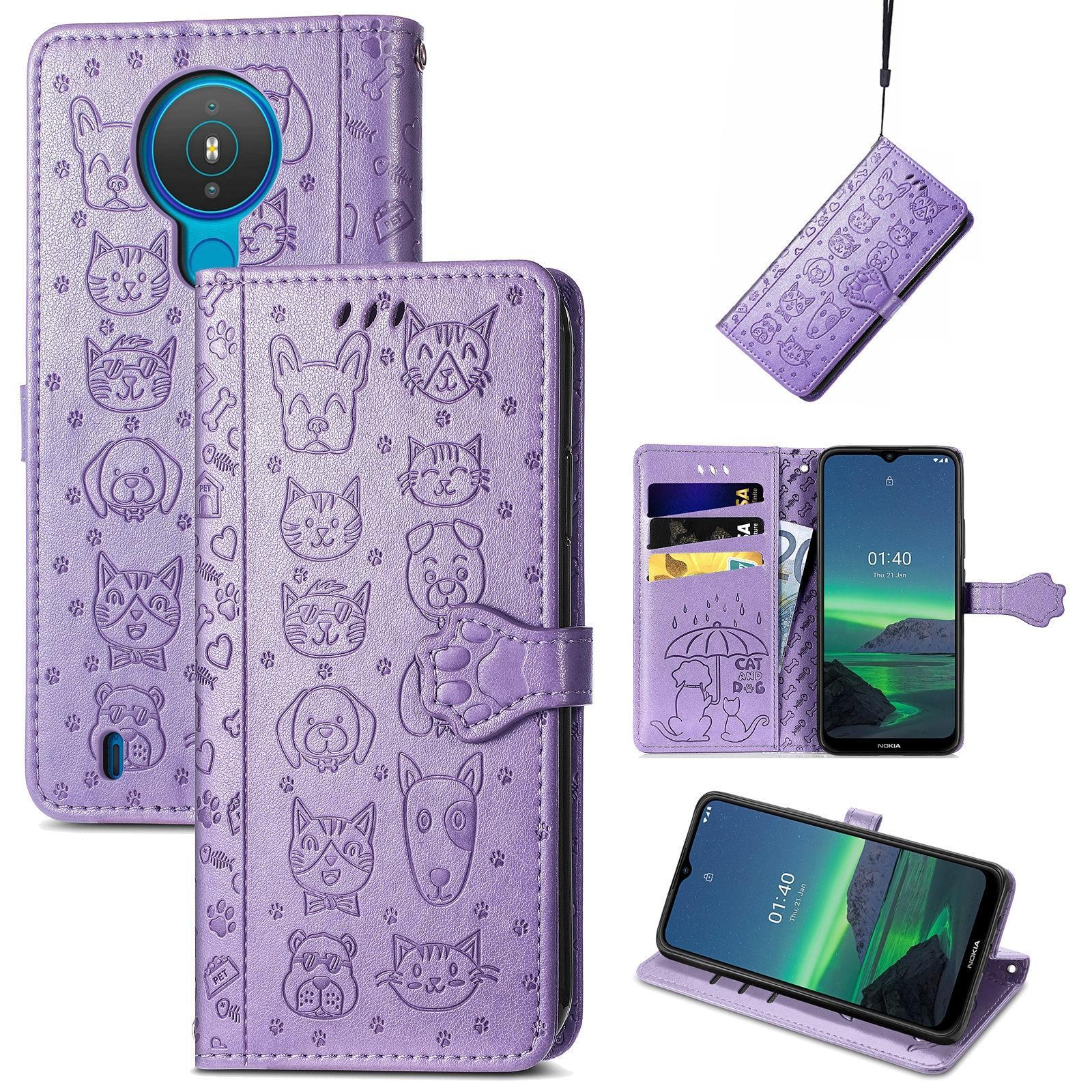For Nokia 1.4 Cute Cat and Dog Embossed Horizontal Flip Leather Case with Holder & Card Slots & Wallet & Lanyard(Purple)