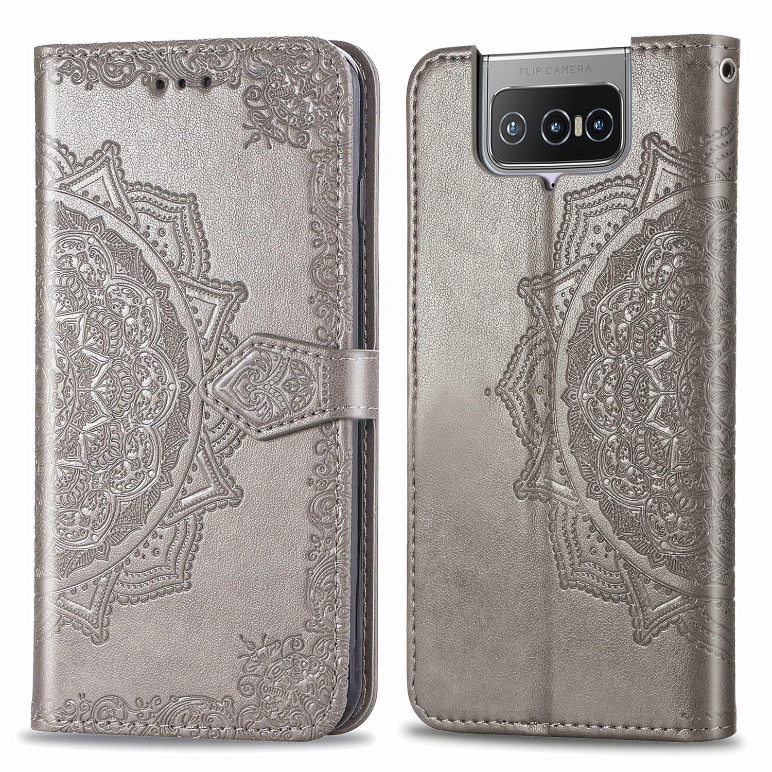For Asus Zenfone 7 ZS670KS Mandala Flower Embossed Horizontal Flip Leather Case with Bracket / Card Slot / Wallet / Lanyard(Gray)