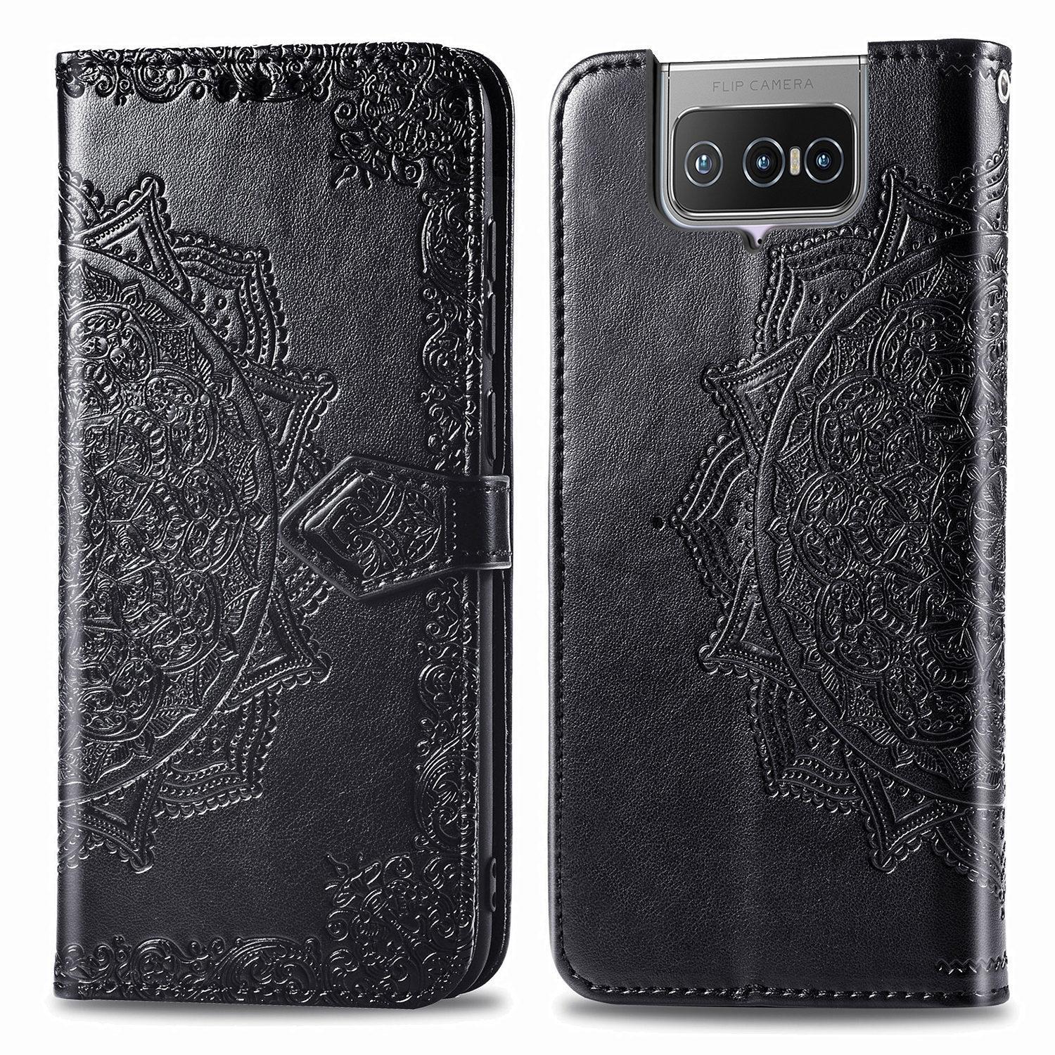 For Asus Zenfone 7 Pro ZS671KS Mandala Flower Embossed Horizontal Flip Leather Case with Bracket / Card Slot / Wallet / Lanyard(Black)