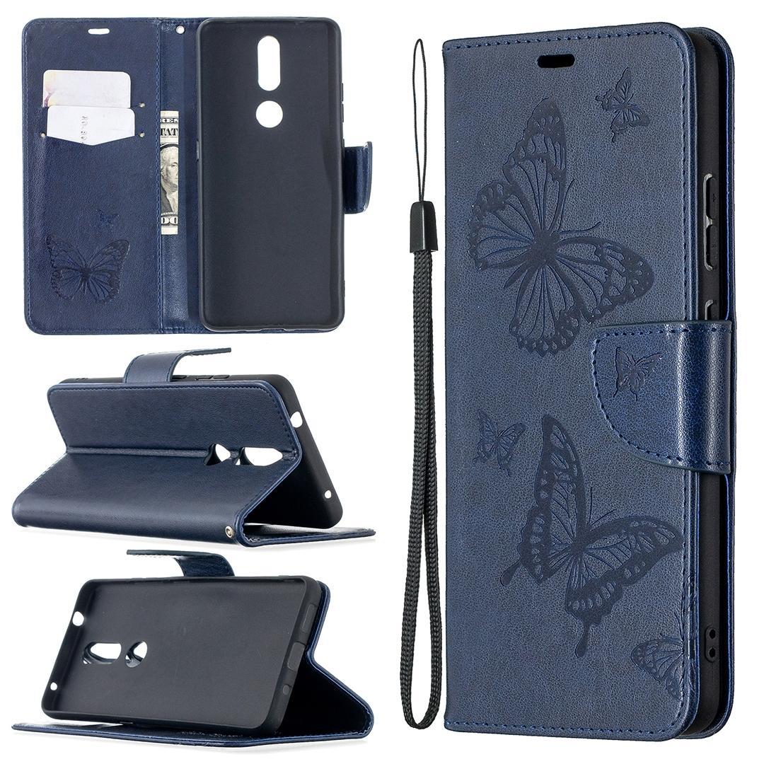 For Nokia 2.4 Two Butterflies Embossing Pattern Horizontal Flip Leather Case with Holder & Card Slot & Wallet & Lanyard(Dark Blue)