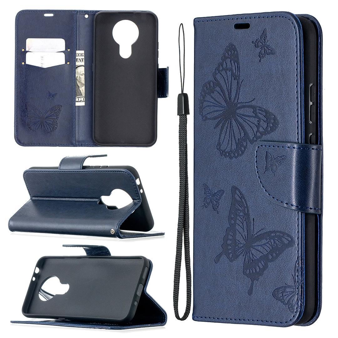 For Nokia 3.4 Two Butterflies Embossing Pattern Horizontal Flip Leather Case with Holder & Card Slot & Wallet & Lanyard(Dark Blue)