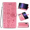 For Sony Xperia 1 II Cute Cat and Dog Embossed Horizontal Flip Leather Case with Bracket / Card Slot / Wallet / Lanyard(Pink)