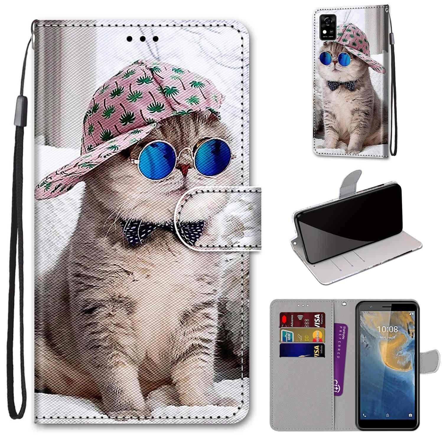 For ZTE Blade A31 Coloured Drawing Cross Texture Horizontal Flip PU Leather Case with Holder & Card Slots & Wallet & Lanyard(Slant Hat Blue Mirror Cat