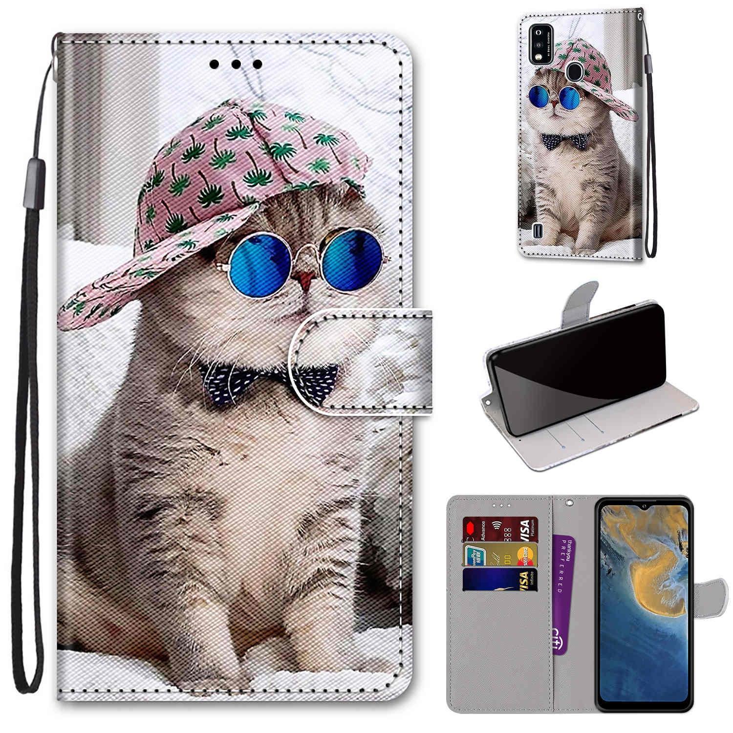 For ZTE Blade A51 Coloured Drawing Cross Texture Horizontal Flip PU Leather Case with Holder & Card Slots & Wallet & Lanyard(Slant Hat Blue Mirror Cat